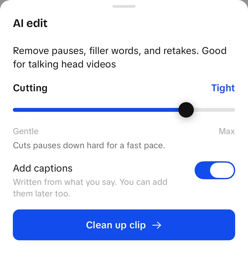 UGCLive's AI edit sheet: a Cutting slider set to Tight, an Add captions switch and a Clean up clip button