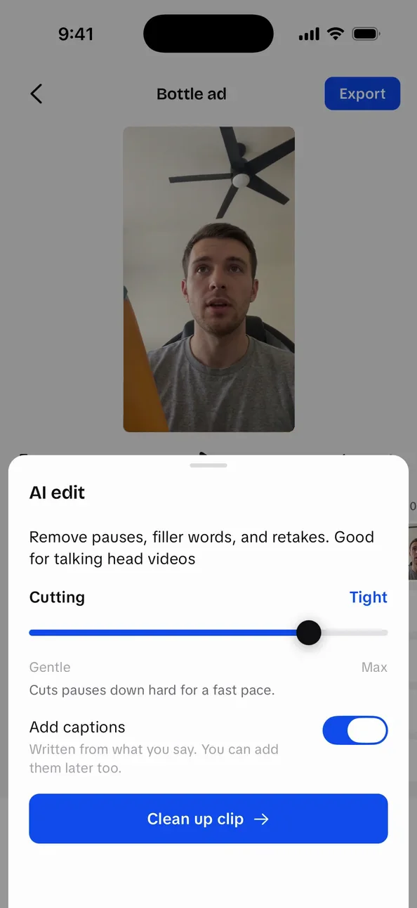 UGCLive's AI edit sheet over a talking-head clip, with the Cutting slider set to Tight and Add captions switched on